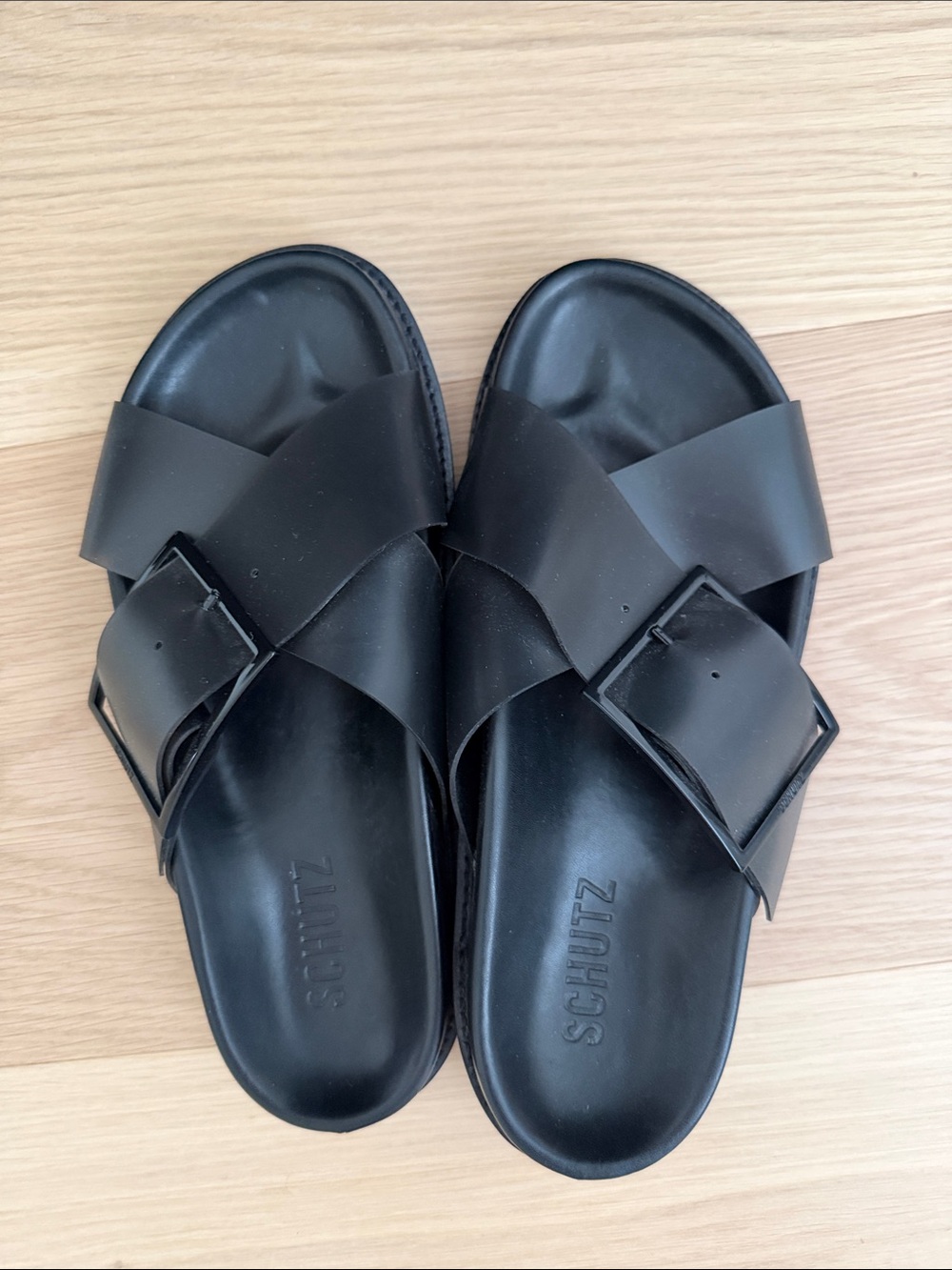 SCHUTZ Black Crisscross Slide Sandals with Buckle
